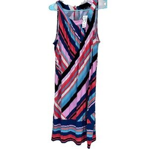 Roz & Ali Womens Shift Midi Dress Striped Round Neck Back Keyhole Pink White M